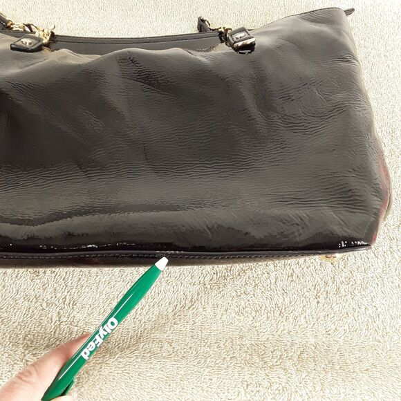 MICHAEL KORS Patent Leather + Chain Tote Bag, Shoulder Purse Handbag,shiny black - Picture 7 of 16